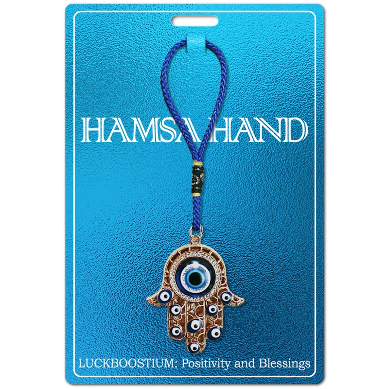 LUCKBOOSTIUM Hamsa Hand Amulet Pendant with Blue, White & Black Crystal Rhinestones & Evil Eye - Car Hanging Ornament, Rearview Mirror Accessories, Evil Eye Protection, Bag Charm, Gold Tassel - Image 2